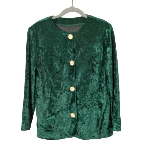Vintage 80s Green Crushed Velvet Blazer Oversized Gold Buttons Collarless - Picture 1 of 4